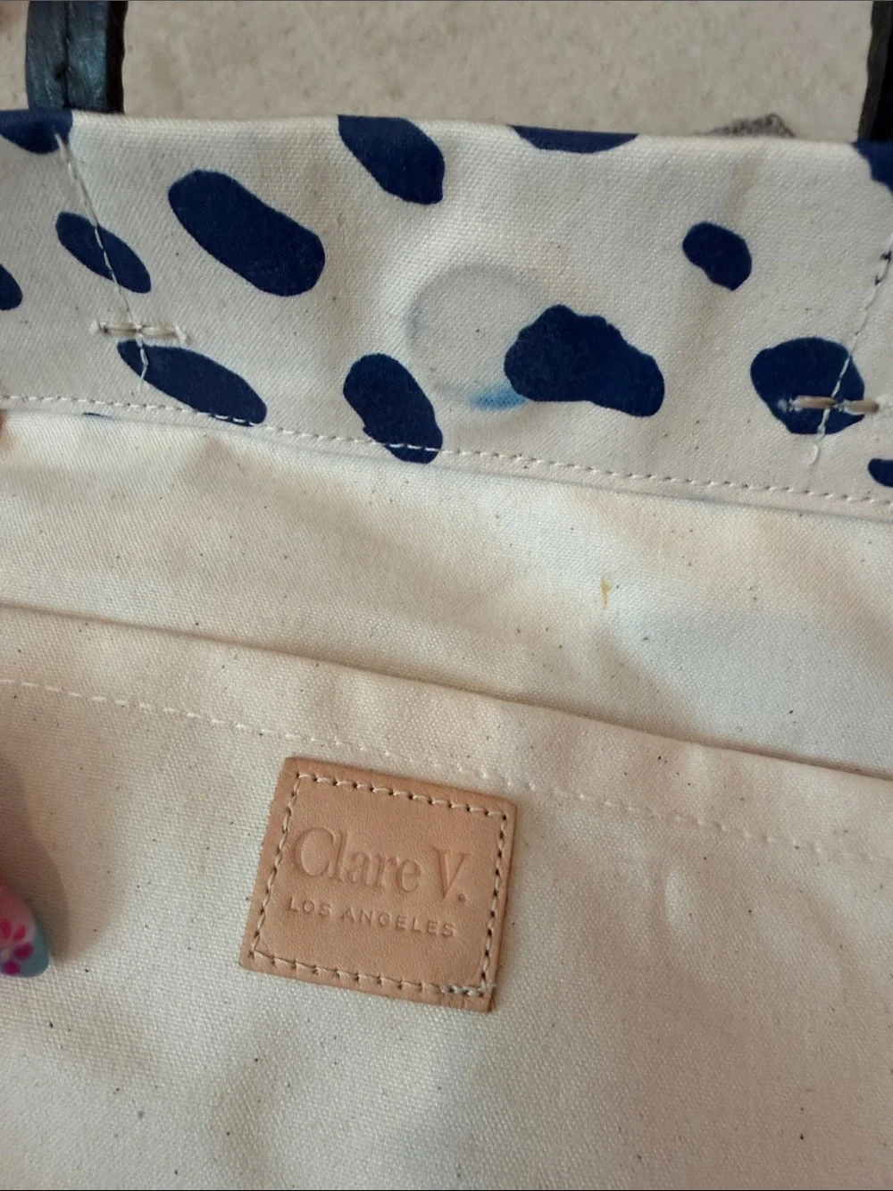 Clare V. Canvas Spot Tote with Navy Spots and Black Handles